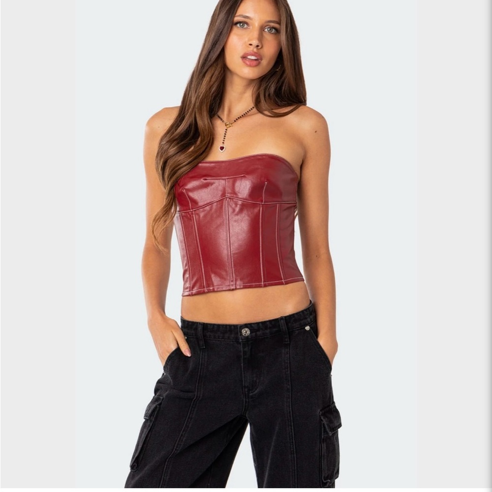 Faux leather red tube corset top